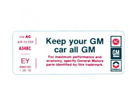 Corvette Air Cleaner Decal, "Keep Your GM Car All GM", CG, 1979