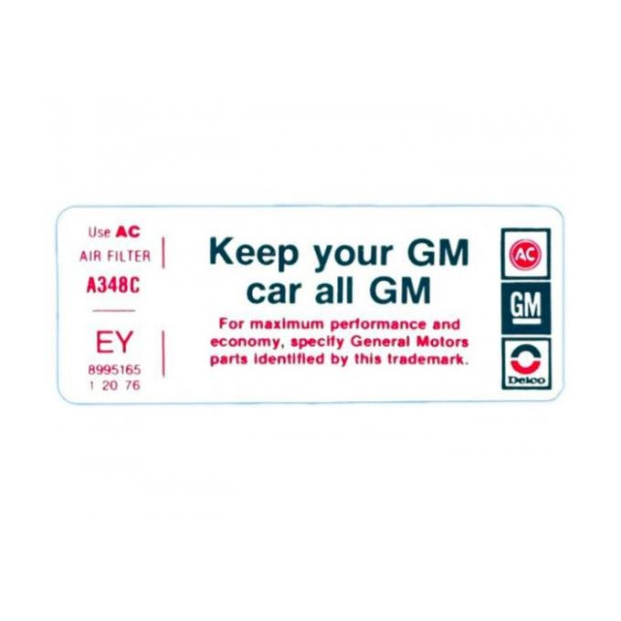 Corvette Air Cleaner Decal, "Keep Your GM Car All GM", CG, 1979