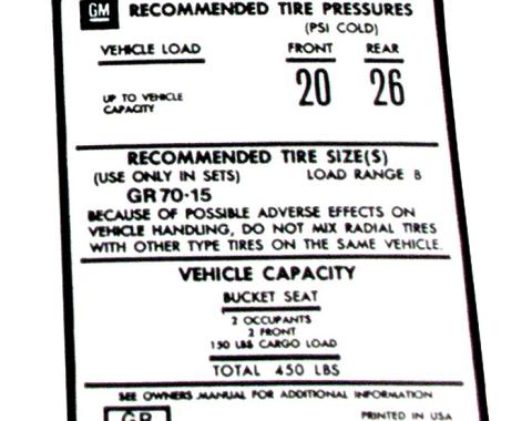 Corvette Decal, Tire Pressure 75L, 1975-1977
