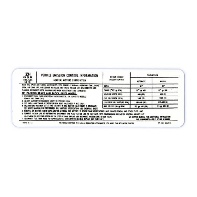 Corvette Decal, Emission L48 Base, 1974