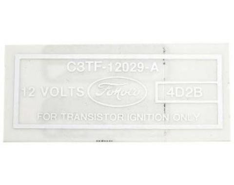 Ford Thunderbird Ignition Coil Decal, For Transistorized Ignition, C3TF-12029-A, Silver Lettering, 1964-66