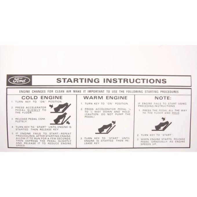 Dennis Carpenter Decal - Starting Instructions - 1962-73 Ford Car   DF-170