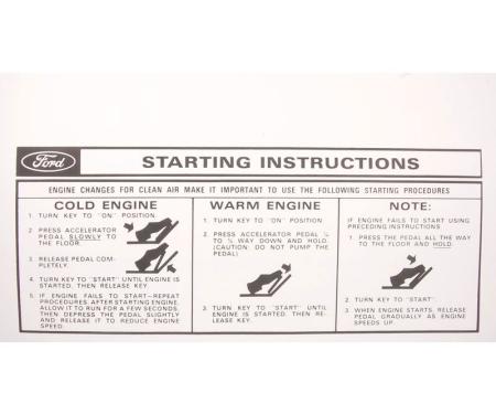 Dennis Carpenter Decal - Starting Instructions - 1962-73 Ford Car   DF-170