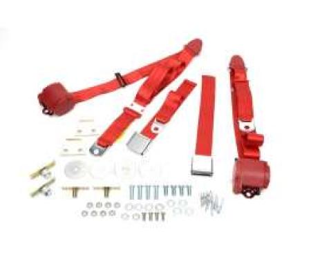 Seatbelt Solutions 1966-1972 Chevelle Seat and Shoulder 3 Point Retractable Kit, Chrome Push Button Front Buckets CHES64752007CLLBUC | Red