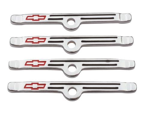 Proform Engine Valve Cover Holdown Clamps, Chrome with Red Bowtie Logo, SB Chevy, 4 Pcs 141-903
