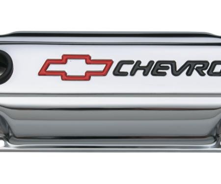 Proform Engine Valve Covers, Stamped Steel, Short, Chrome, w/ Bowtie Logo, Fits SB Chevy 141-899