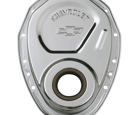 Proform Timing Chain Cover, Chrome, Steel, With Chevy and Bowtie Logo, SB Chevy 69-91 141-215