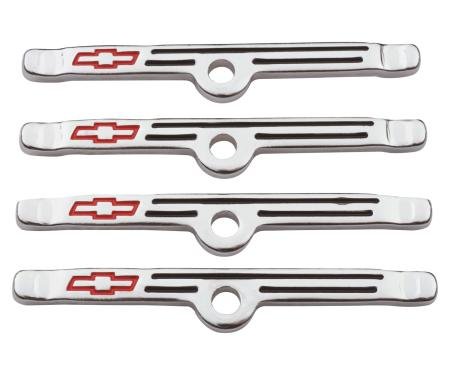Proform Engine Valve Cover Holdown Clamps, Chrome with Red Bowtie Logo, SB Chevy, 4 Pcs 141-903