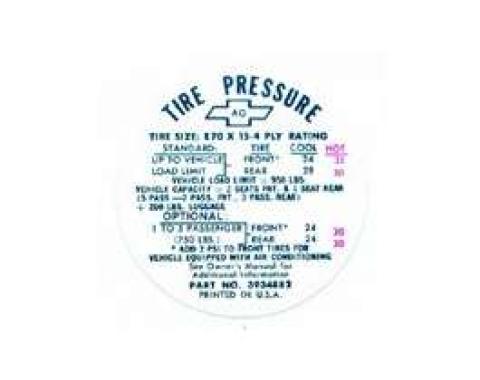 Camaro Tire Pressure Decal, Glove Box Door, For All Cars Except SS & Z28, 1968