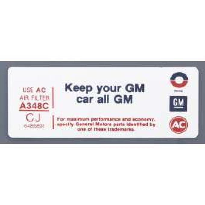 Camaro Air Cleaner Decal, Keep Your GM Car All GM, 1972