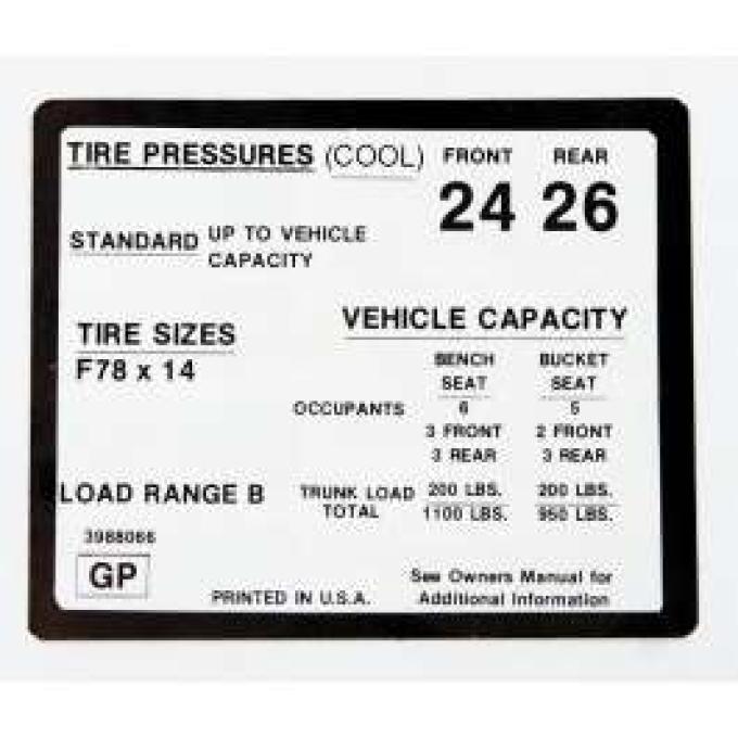 Camaro Tire Pressure Decal, 1971