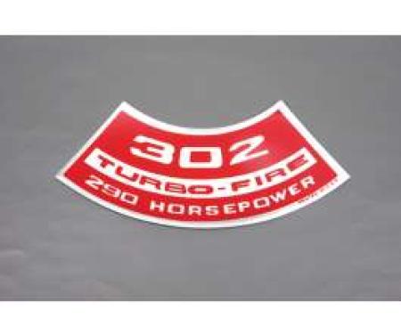 Camaro Air Cleaner Decal, 302 Turbo-Fire 290 Horsepower, 1967-1969