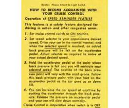 Camaro Cruise Control Operation Tag, 1967-1969