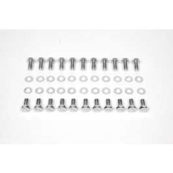 Camaro Oil Pan Bolt Set, Small Block, Bowtie Stamped, Chrome, 1967-1969