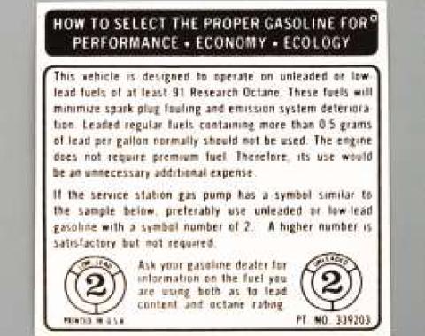 Camaro Decal, Fuel Recommendation, 1973-1974