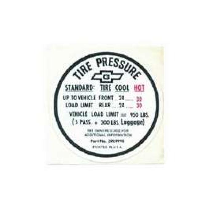 Camaro Tire Pressure Decal, Glove Box Door, For All Cars Except SS350 & SS396, 1967