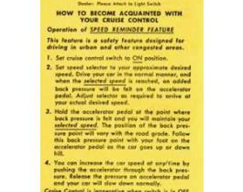 Camaro Cruise Control Operation Tag, 1967-1969