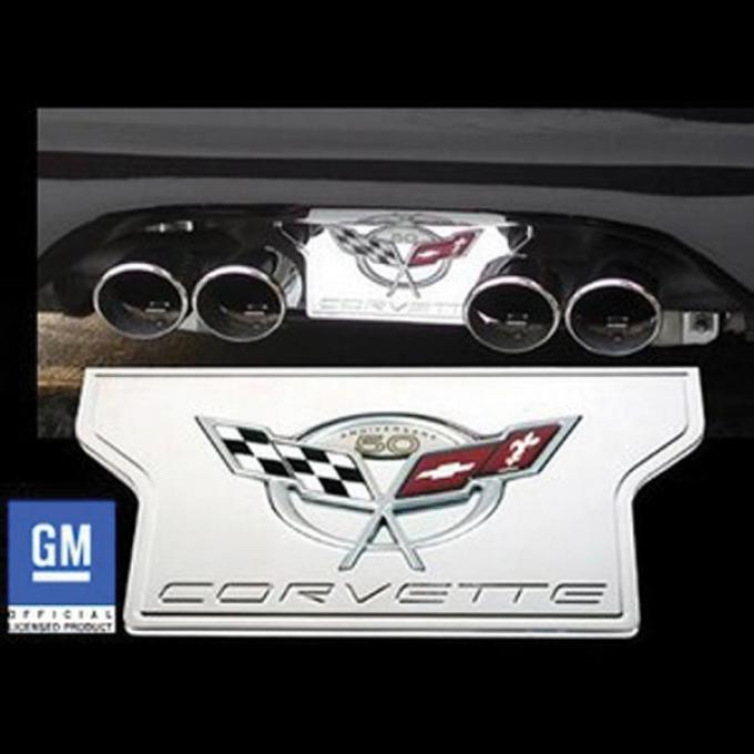 Corvette Exhaust Filler Plate, Chrome Plated Billet Aluminum With 50th Anniversary Logo, 2003