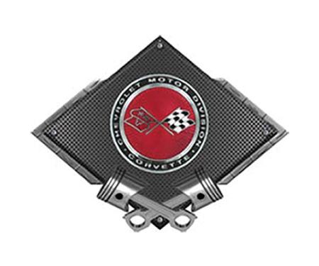 Corvette C3 Crossed Flags Sunburst Emblem Metal Sign, BlackCarbon Fiber, Crossed Pistons, 25" X 19"