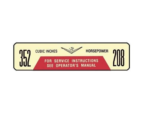 Ford Pickup Truck Air Cleaner Decal - 208 Horsepower 352 CID