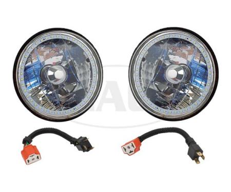 Headlights, 7 Inch Round White Diamond With Single Color White LED Halo