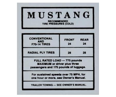 Ford Mustang Decal - Glove Box Tire Pressure - Through Early 1968