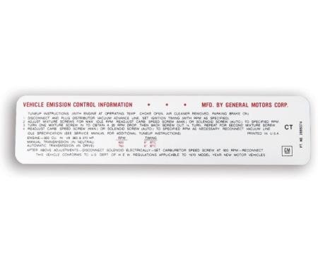 Camaro Emission Decal, 350/360/370hp, 1970Late