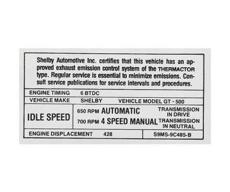Ford Mustang Decal - Emissions - Shelby GT500 With Automatic Or Manual Transmission
