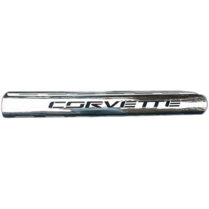 Corvette Side Exhaust Shields, 4" Tube Side, With Bold Corvette Word, Stainless Steel, 1963-1982