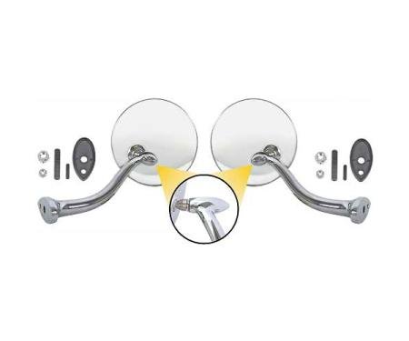 Outside Rear View Mirrors - Round Head - With Swan Neck Style Arm - Polished Stainless Steel Head - Chrome Arm - Right & Left - Ford & Mercury