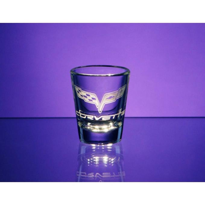 Corvette Shot Glass, Tapered, 1.5 Ounce, 1953-2013 CorvetteDesigns | Corvette Shot Glass, Tapered, 1.5 Ounce, 1991-1996 Pennant With Corvette Lettering