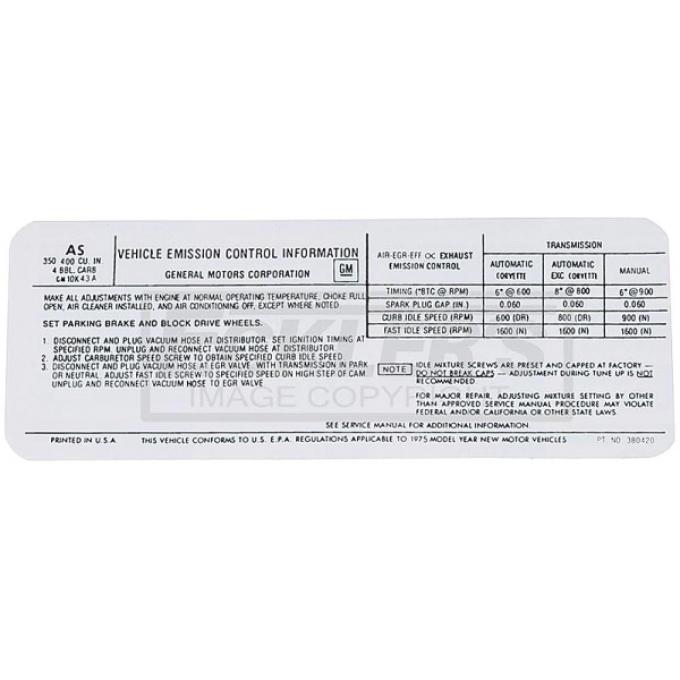 Corvette Decal, Emission L82, 1975