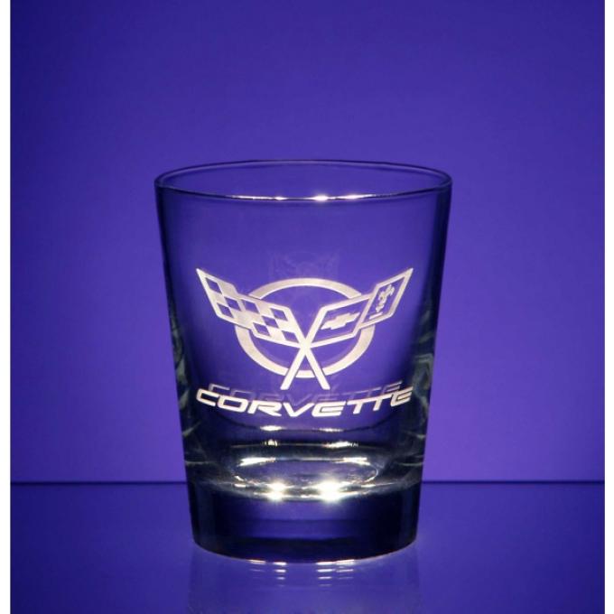 Corvette Glass, Heavy Base Double Old Fashioned, Set Of Four, 13 Ounce, 1953-2013 Corvette Designs | Corvette Glass, 13 Ounce Heavy Base Double Old Fashioned, Set Of Four, 1984-1990 Pennant With Corvette Lettering