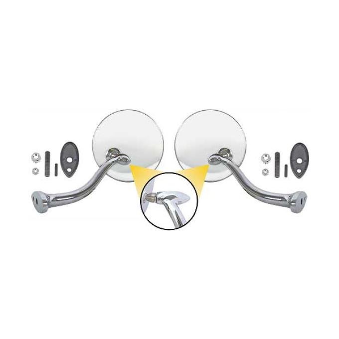 Outside Rear View Mirrors - Round Head - With Swan Neck Style Arm - Polished Stainless Steel Head - Chrome Arm - Right & Left - Ford & Mercury
