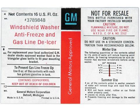 Full Size Chevy Windshield Washer Filler Bottle Label, 1967-1975