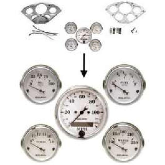 Chevy Gauge Panel Kit, Custom Aluminum, With White Gauges, Black Vintage Needles, 1955-1956