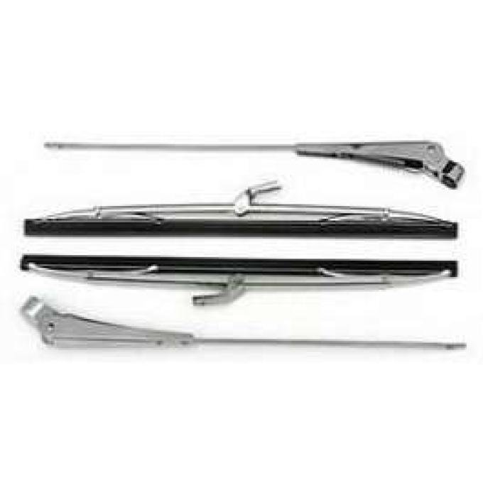Chevy Windshield Wiper Arms & Blades, Stainless Steel, 1955-1957