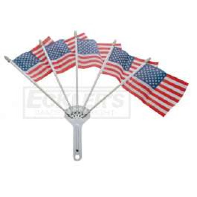 Chevy Chrome Flag Holder, With Five American Flags, 1949-1954