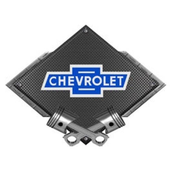 Chevrolet Vintage Bowtie Metal Sign, Black Carbon Fiber, Crossed Pistons, 25 X 19