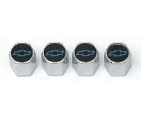 Full Size Chevy Valve Stem Caps, Non-Locking, With Blue Bowtie Logos, Chrome, 1958-1972
