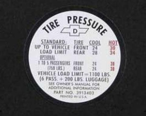 Full Size Chevy Tire Pressure Decal, 1967