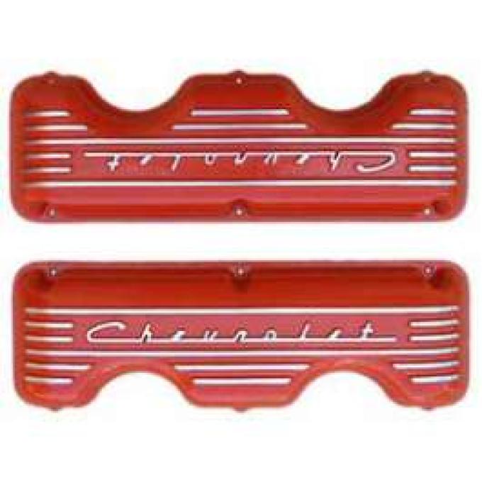 Full Size Chevy Valve Covers, 348ci & 409ci, Orange Powder Coated, 1958-1965