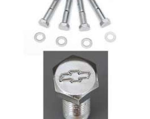 Full Size Chevy Bowtie Water Pump Bolt Set, With Long Water Pump, Chrome, Small Block, 1958-1972