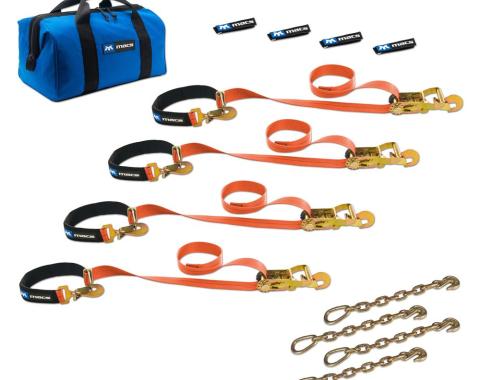 Race Ramps 2 x 8 Super Pack Tie-Down Strap Kit with Integrated Axle Straps, Direct Hook Ends & Chain Extensions - Orange 518128