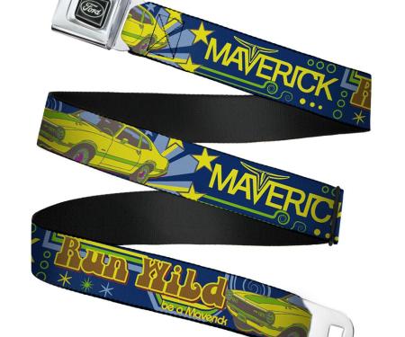 Ford Emblem Seatbelt Belt - Vintage Ford MAVERICK-RUN WILD BE A MAVERICK Blues/Yellows