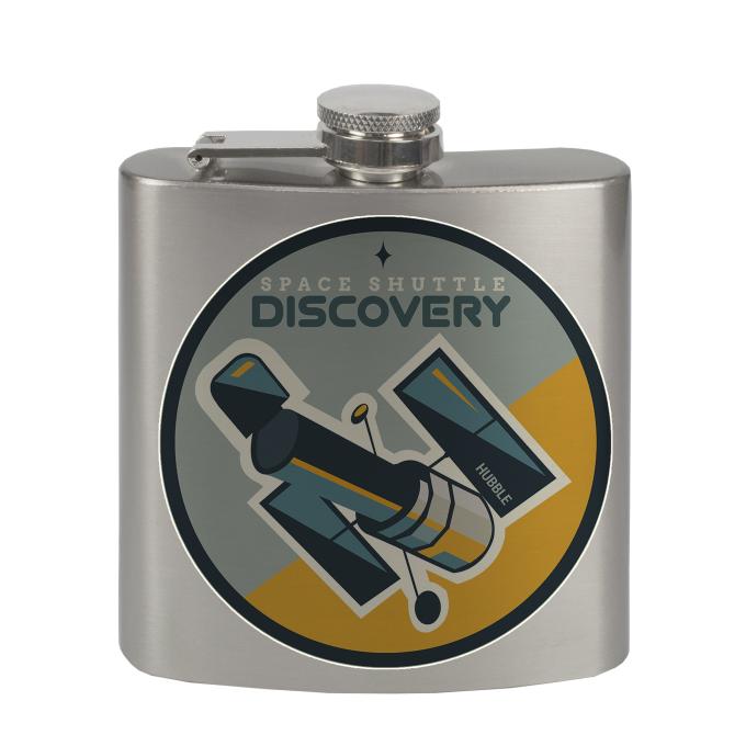 Stainless Steel Flask - 6 OZ - SPACE SHUTTLE DISCOVERY Hubble Telescope2 Blues/Gray/Yellow