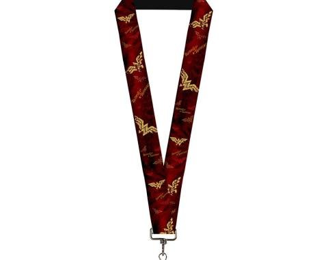 Lanyard - 1.0" - WONDER WOMAN Logo/Text Scattered Rays Weathered Burgundy/Gold
