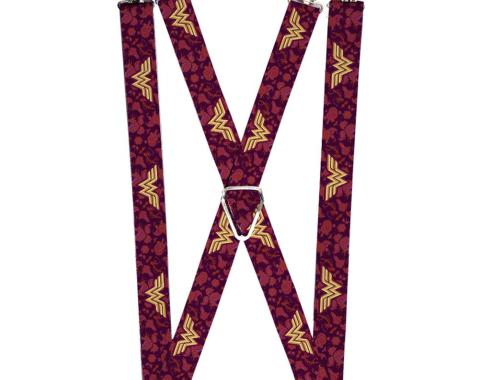 Suspenders - 1.0" - Wonder Woman Logo/Floral Collage Purple/Pinks/Gold