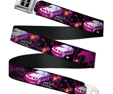 Ford Mustang Emblem Seatbelt Belt - Mustang Silhouette/PONY GIRL/Flowers Black/Fuchsias