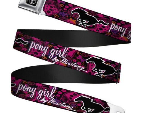 FORD MUSTANG Tri-Bar Logo Full Color Black/White/Silver/Red/Blue Seatbelt Belt - Mustang PONY GIRL/Floral Collage Black/Pinks/White Webbing